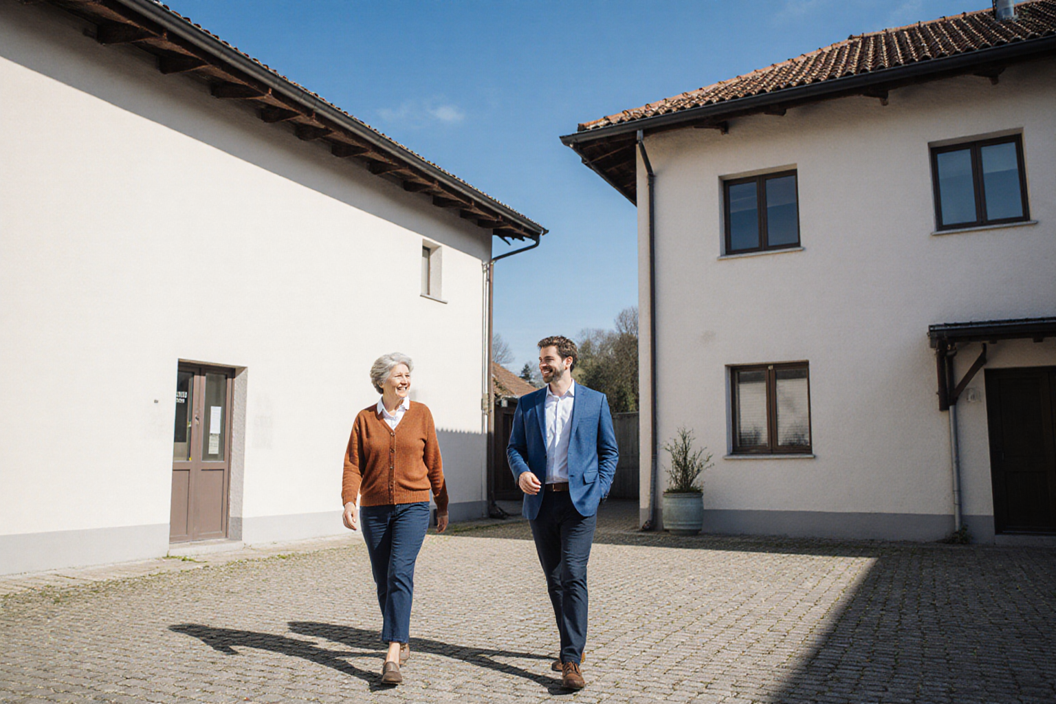 Offener Rundgang durch normalen kleinen Gewerbehof, Büro- und Nutzgebäude deutlich